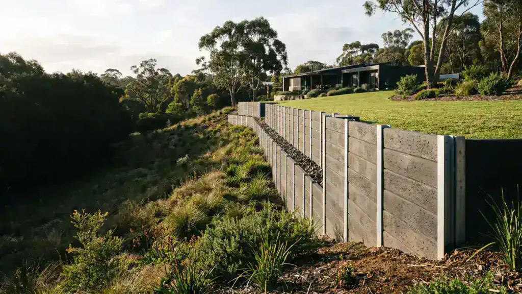 Concrete sleeper retaining walls following a sloping Australian residential site